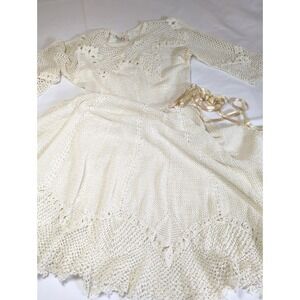 Rare Vtg Lim's Stunner Crochet Lace Midi Dress L Ecru Ribbon Tie Romance Wedding
